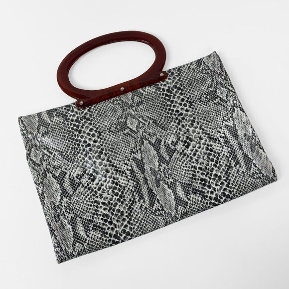 Vintage Faux Snakeskin Clutch Shopper Tote Bag Acrylic Amber Handle Grey Black - Picture 1 of 7